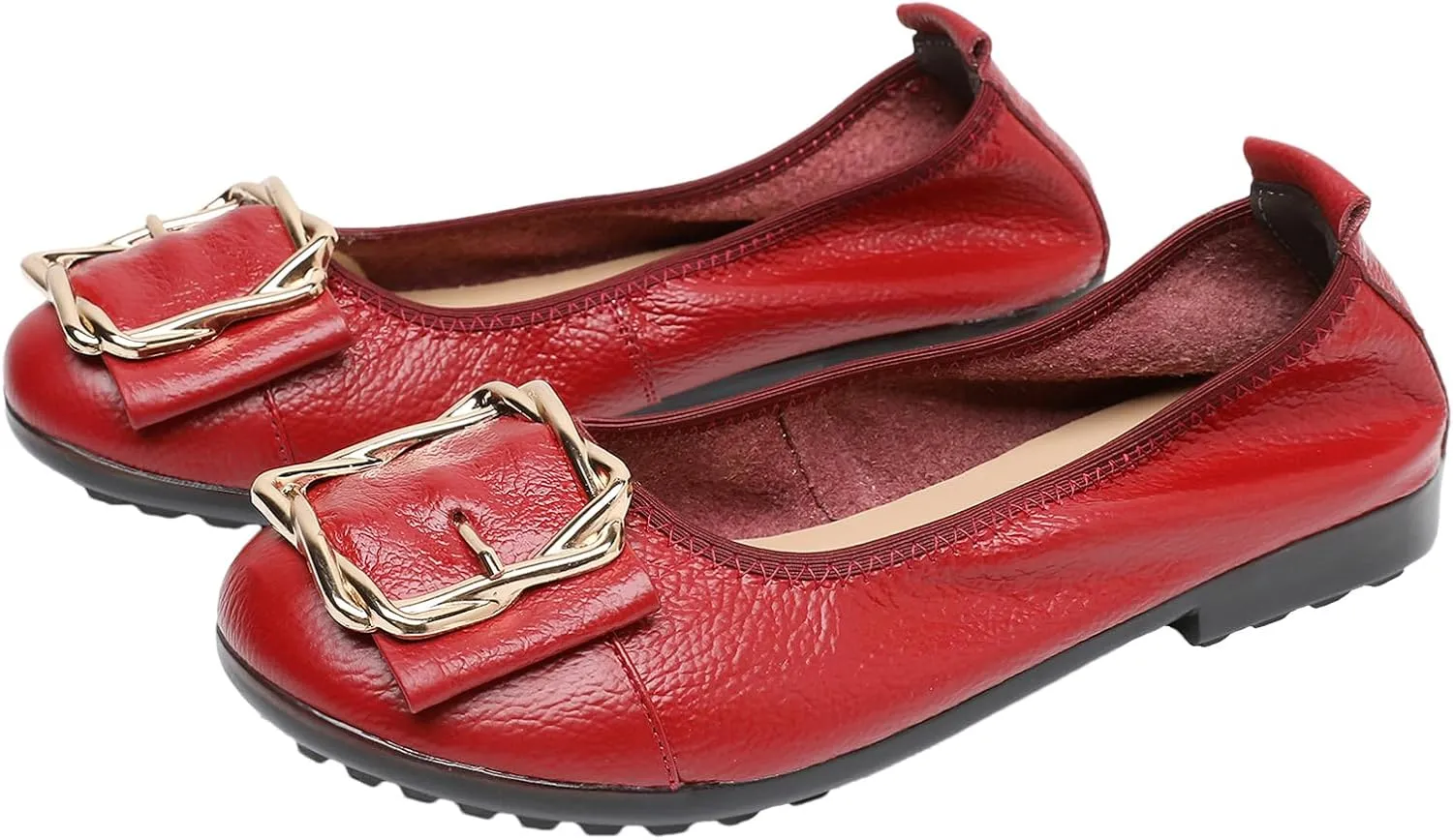 Women's Genuine Leather Ballerinas Fashion Metal Buckle Soft Flat Pumps Shoes
