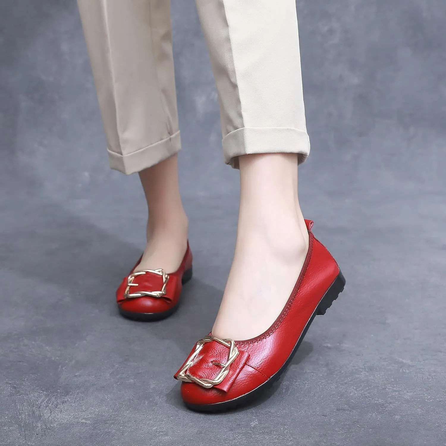 Women's Genuine Leather Ballerinas Fashion Metal Buckle Soft Flat Pumps Shoes