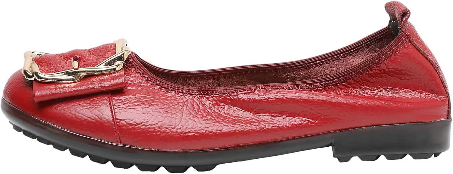 Women's Genuine Leather Ballerinas Fashion Metal Buckle Soft Flat Pumps Shoes