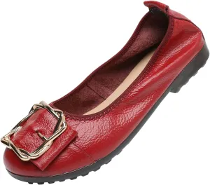 Women's Genuine Leather Ballerinas Fashion Metal Buckle Soft Flat Pumps Shoes