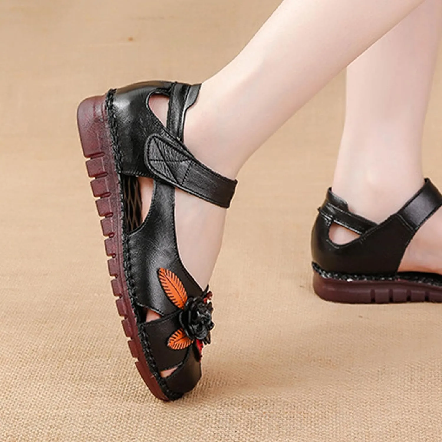 Women'S Genuine Leather Flower Hollow Flat-Bottom Walking Sandals Retro Closed Round Toe Comfy Soft Bottom Hook And Loop Sandals For Summer Leisure Beach Vacation