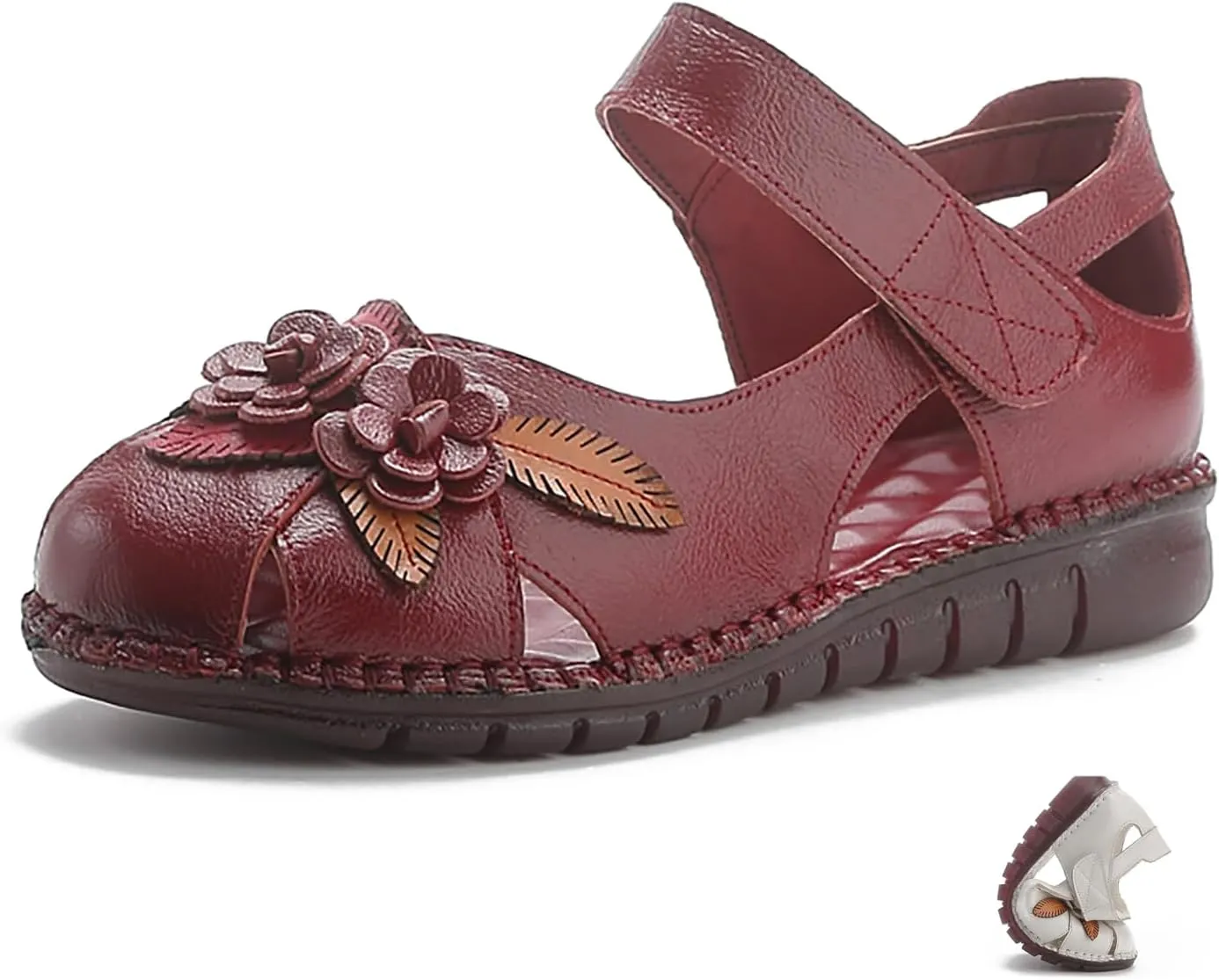 Women'S Genuine Leather Flower Hollow Flat-Bottom Walking Sandals Retro Closed Round Toe Comfy Soft Bottom Hook And Loop Sandals For Summer Leisure Beach Vacation