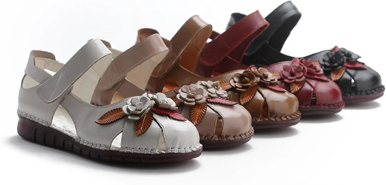 Women'S Genuine Leather Flower Hollow Flat-Bottom Walking Sandals Retro Closed Round Toe Comfy Soft Bottom Hook And Loop Sandals For Summer Leisure Beach Vacation