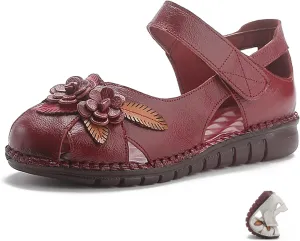 Women'S Genuine Leather Flower Hollow Flat-Bottom Walking Sandals Retro Closed Round Toe Comfy Soft Bottom Hook And Loop Sandals For Summer Leisure Beach Vacation