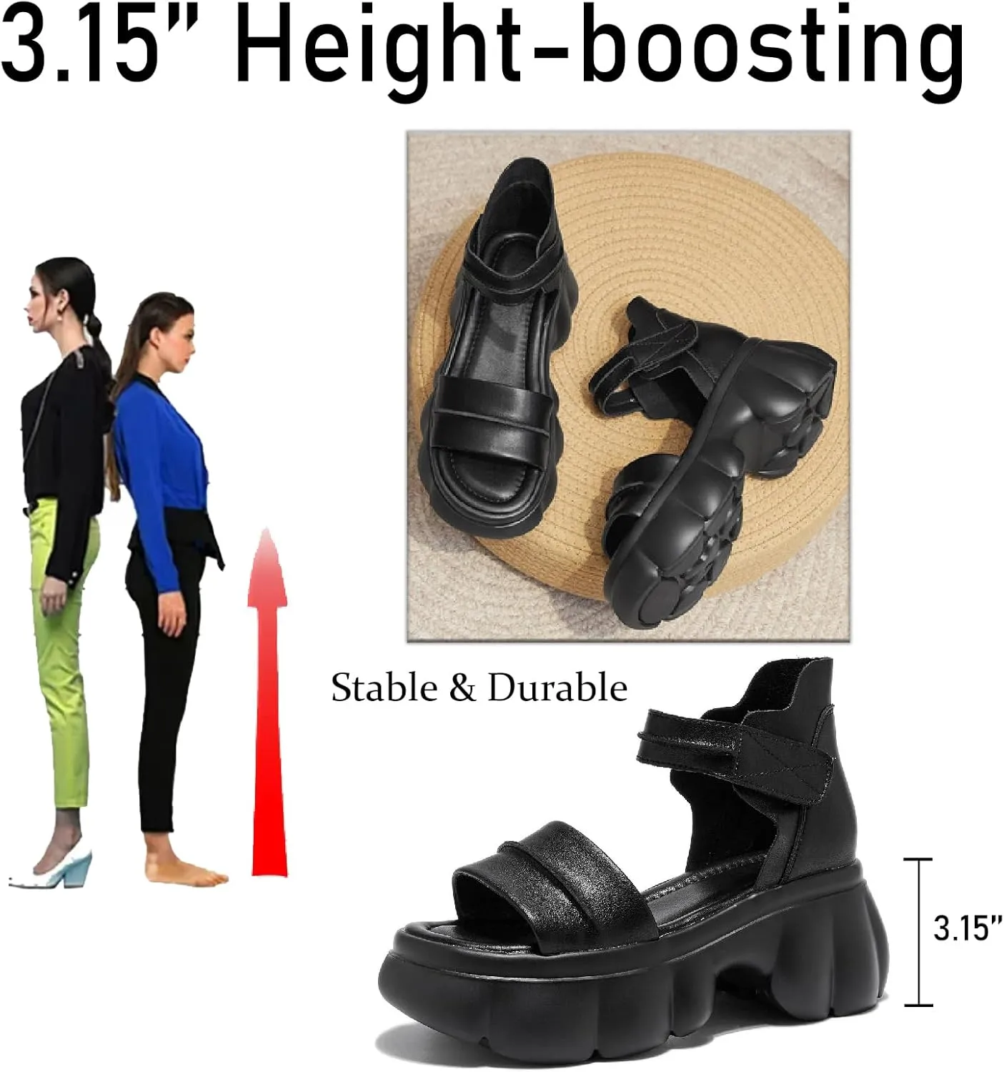 Women's Genuine Leather Hook Loop Platform Sandals Fashion Ankle Strap High Top Comfortable Open Round Toe Chunky Heel Increase Summer Casual Sandals