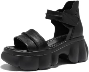 Women's Genuine Leather Hook Loop Platform Sandals Fashion Ankle Strap High Top Comfortable Open Round Toe Chunky Heel Increase Summer Casual Sandals