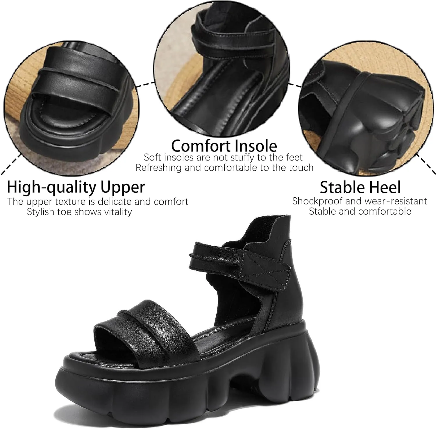 Women's Genuine Leather Hook Loop Platform Sandals Fashion Ankle Strap High Top Comfortable Open Round Toe Chunky Heel Increase Summer Casual Sandals
