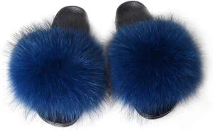 Womens Luxury Real Raccon Fur Sliders Slippers Furry Slides Fashion Flat Soles Soft Summer Slippers (9, Raccoon-Sapphire)