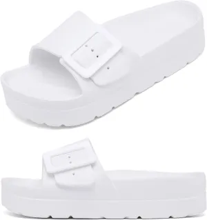 Womens Platform Sandals with Arch Support, Adjustable Buckle Beach Sandal Woman Comfort Lightweight Ultra Cushion EVA Slides