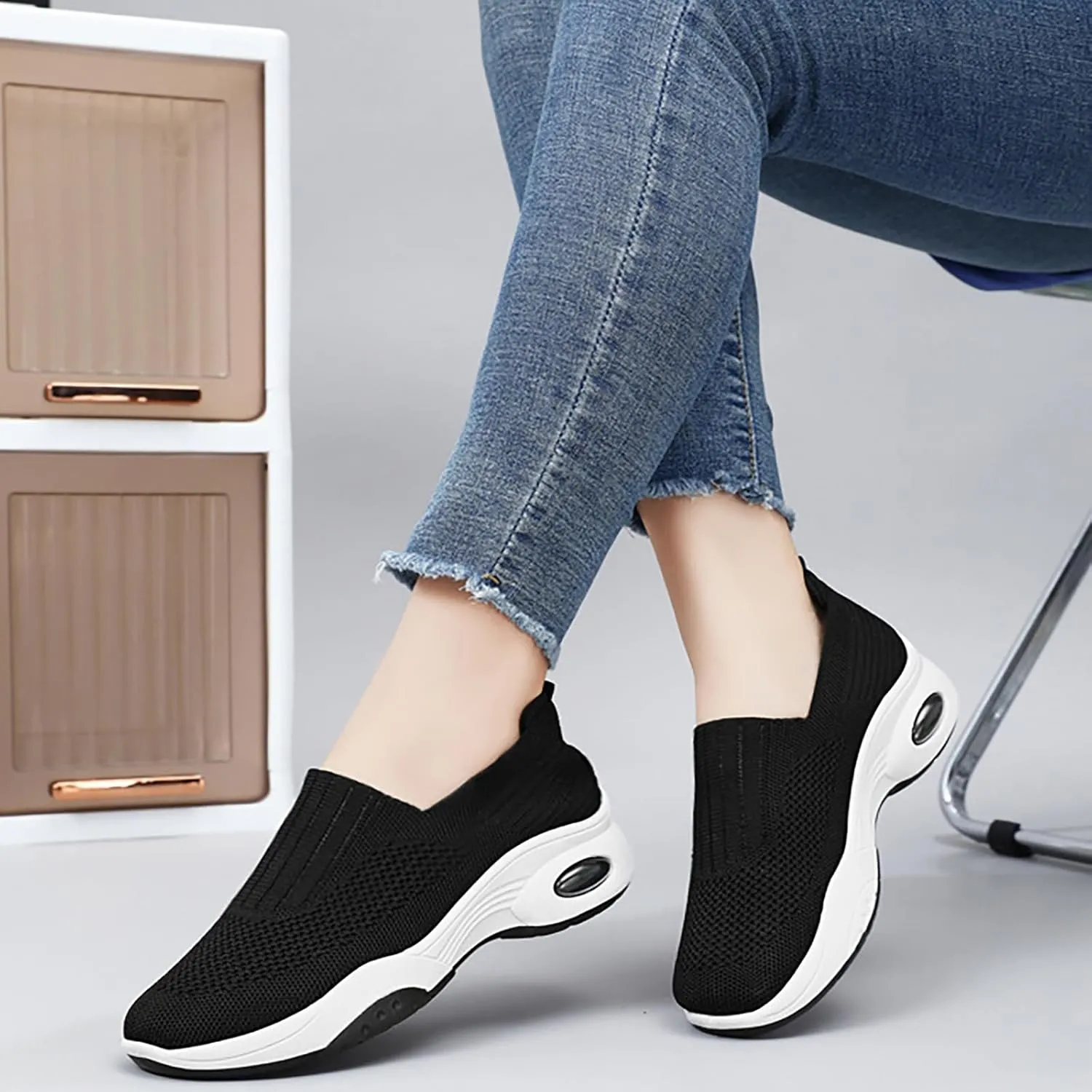 Women's Slip-On Orthopedic Sneakers - Breathable Mesh Knitted Walking Shoes with Wide Width, Arch Support & Non-Slip Sole - Lightweight Low-Top Design for All-Day Comfort