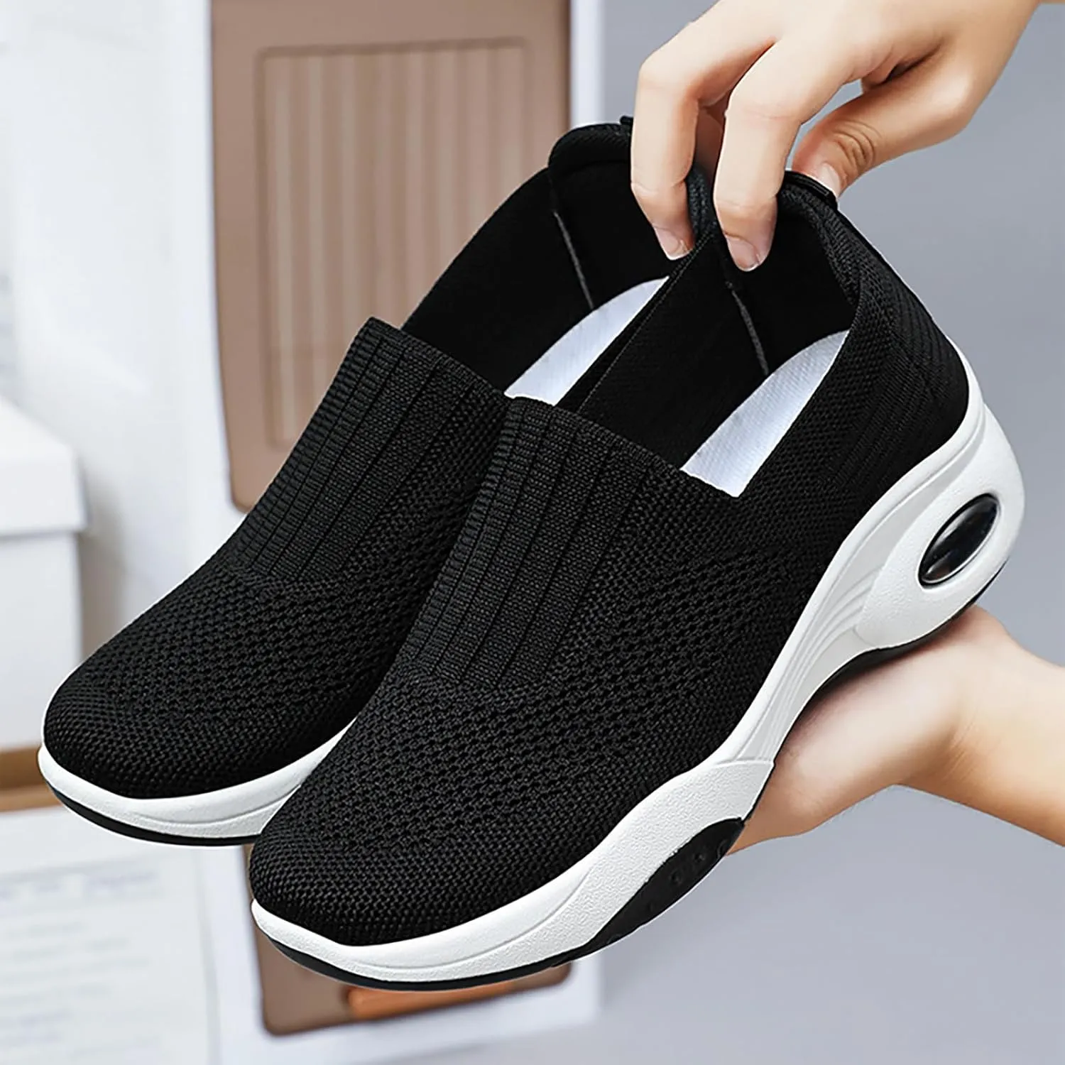 Women's Slip-On Orthopedic Sneakers - Breathable Mesh Knitted Walking Shoes with Wide Width, Arch Support & Non-Slip Sole - Lightweight Low-Top Design for All-Day Comfort