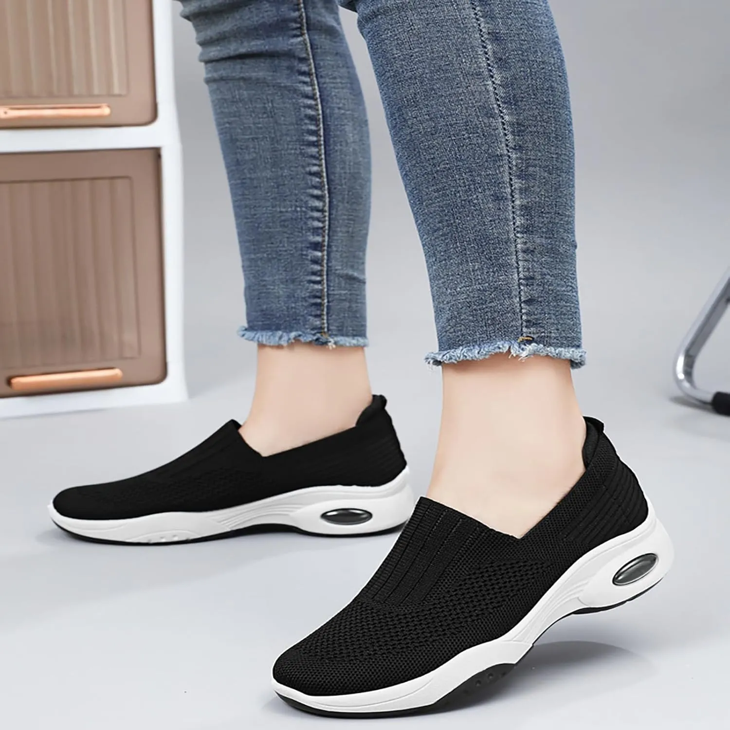 Women's Slip-On Orthopedic Sneakers - Breathable Mesh Knitted Walking Shoes with Wide Width, Arch Support & Non-Slip Sole - Lightweight Low-Top Design for All-Day Comfort