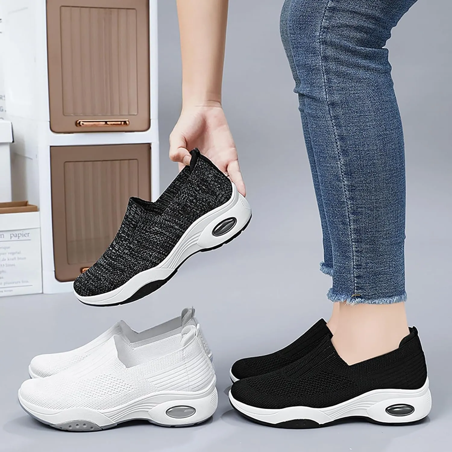 Women's Slip-On Orthopedic Sneakers - Breathable Mesh Knitted Walking Shoes with Wide Width, Arch Support & Non-Slip Sole - Lightweight Low-Top Design for All-Day Comfort