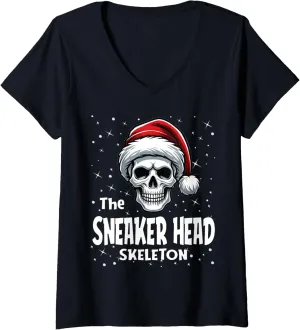 Womens Sneaker Head Skeleton Funny Christmas Family Matching V-Neck T-Shirt