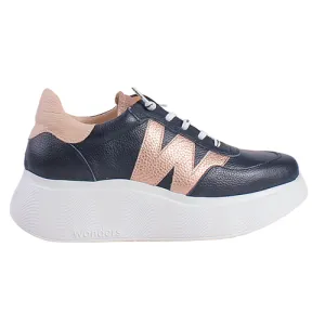 Wonders Ladies Platform Trainers - A-3625 - Navy/Rose Gold
