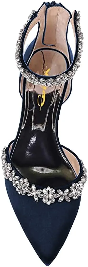 XYD Women Classic Pointed Toe D'Orsay Wedding Flat Sandals Sparkly Rhinestones Ankle Strap Low Heel Dress Shoes with Zipper