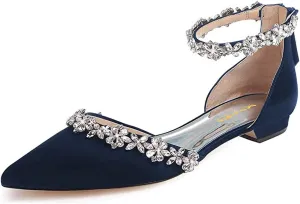 XYD Women Classic Pointed Toe D'Orsay Wedding Flat Sandals Sparkly Rhinestones Ankle Strap Low Heel Dress Shoes with Zipper