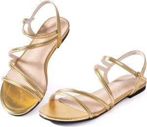 YANWENFANG Women Strappy Flat Sandals, Leather Dressy Summer Slides