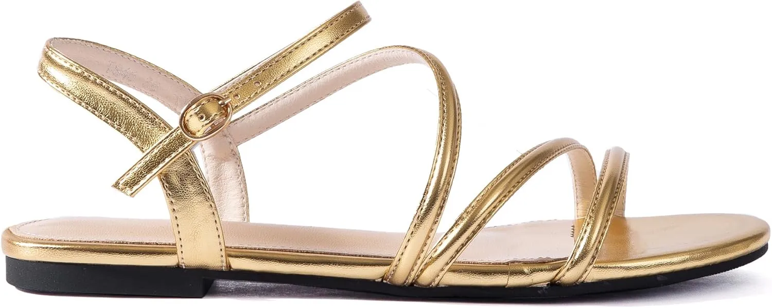 YANWENFANG Women Strappy Flat Sandals, Leather Dressy Summer Slides